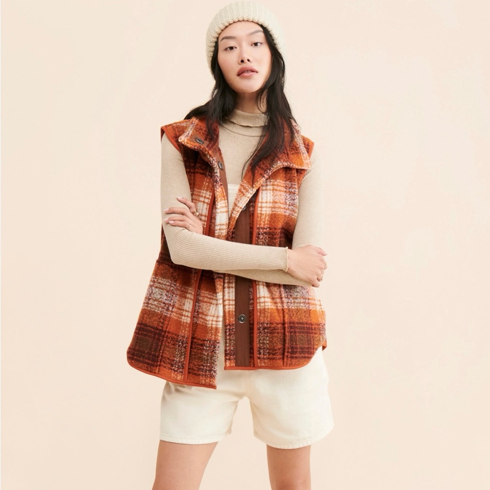 We The Free People Wrapped Up Blanket Vest Plaid Snap Wool Size M